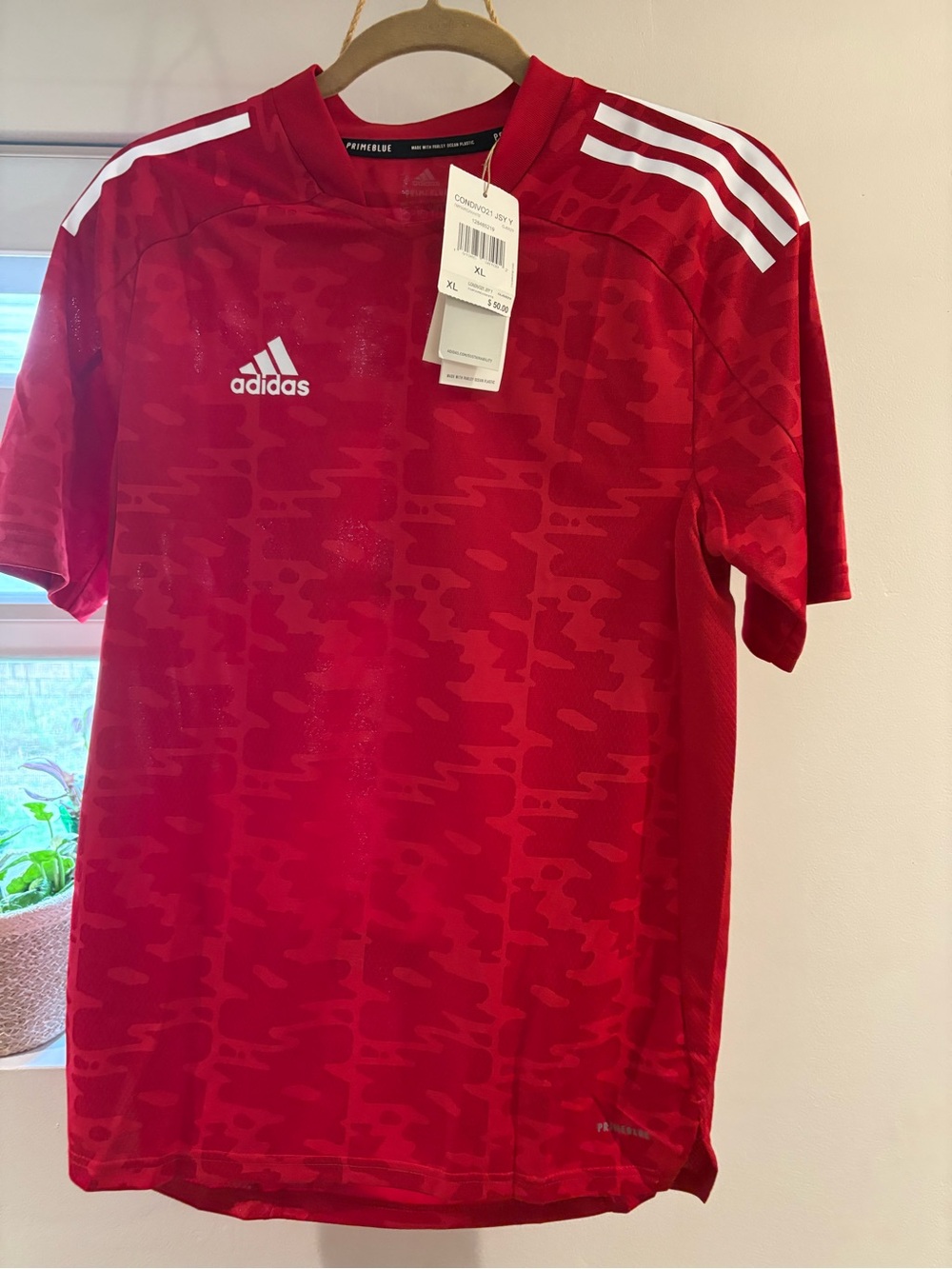 adidas Kids Red Short Sleeve Soccer Jersey with White Stripes
